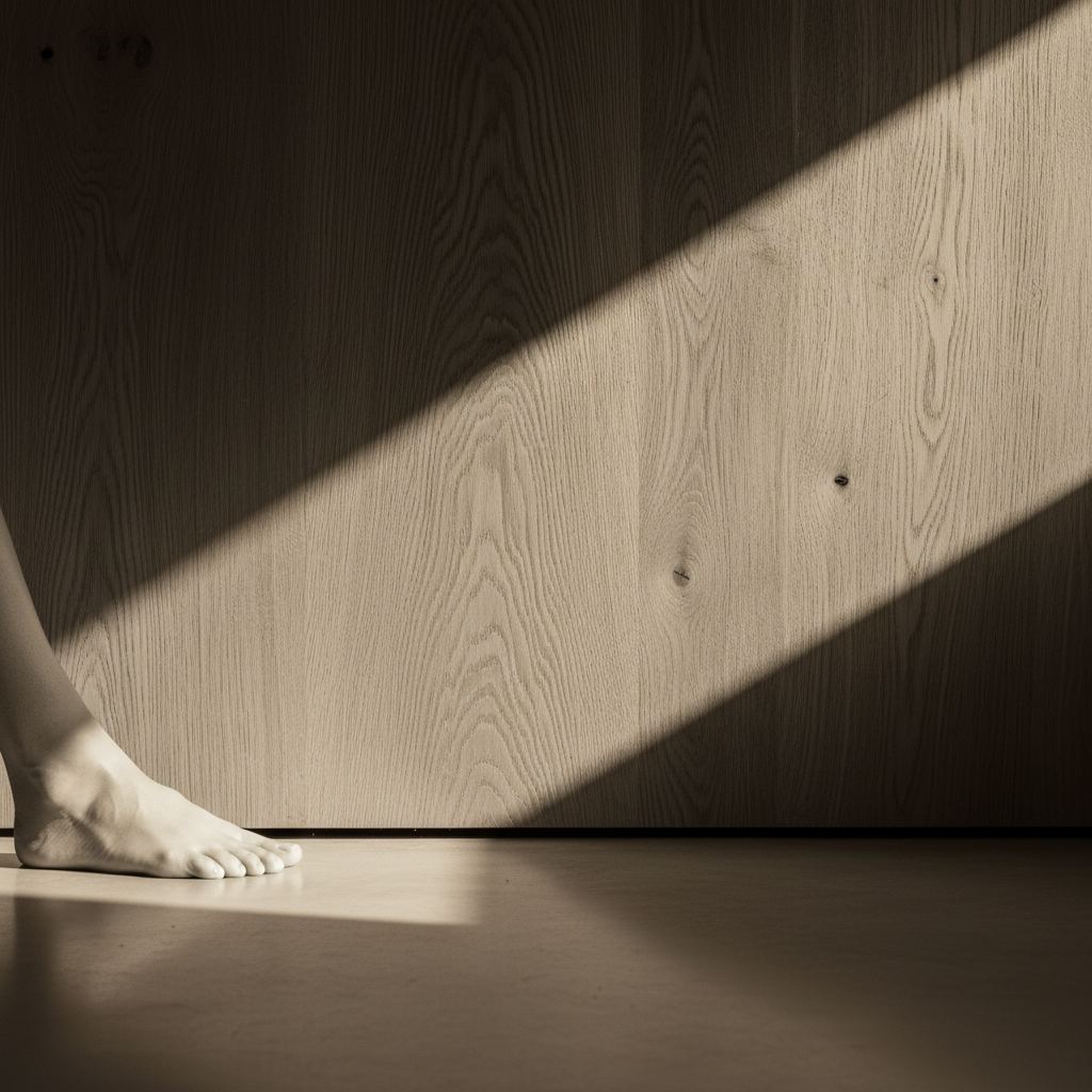 Pie descalzo sobre piso de concreto pulido con un haz diagonal de luz cálida cruzando una pared de madera.
